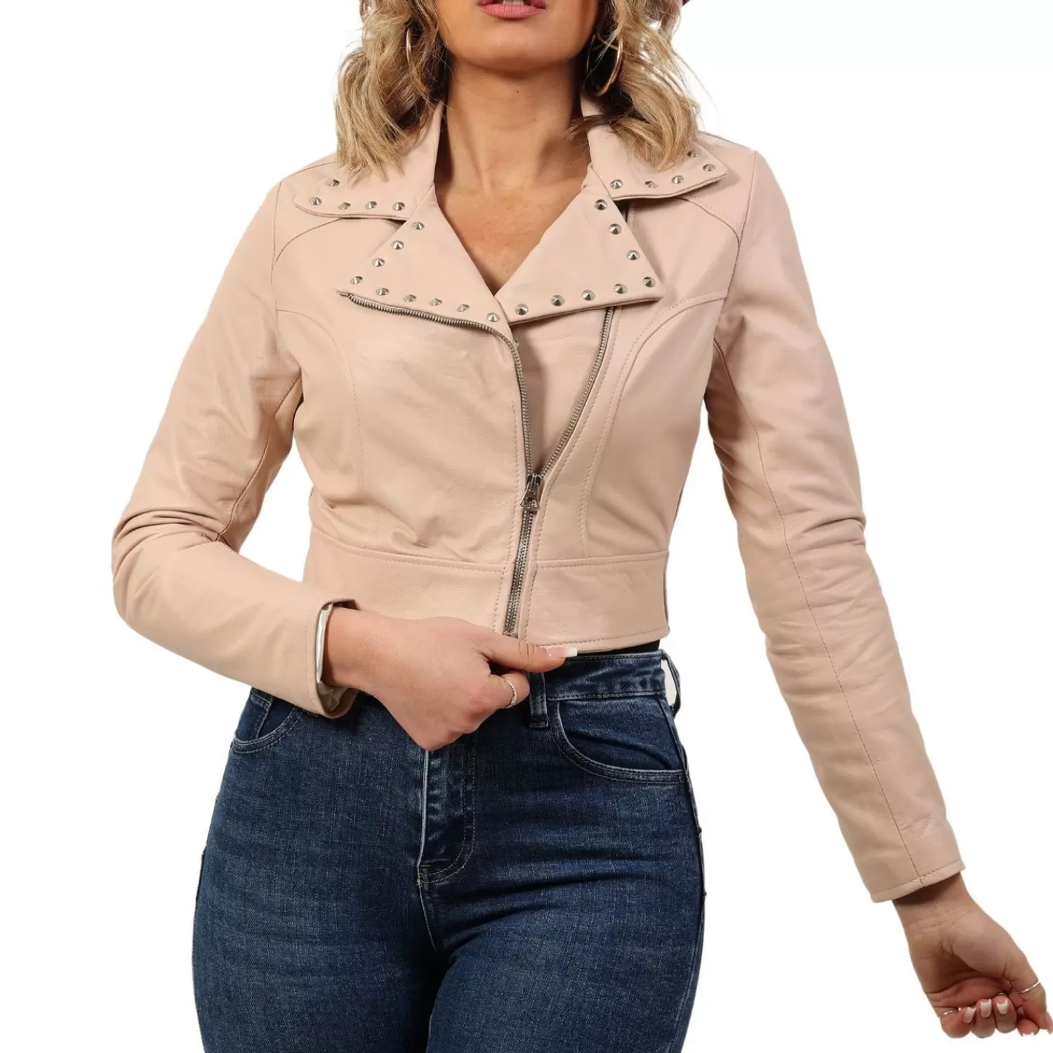 Imperatrice Calzature Capi Spalla In Pelle*Chiodo Corto In Pelle Di Vitello Con Borchie Cipria