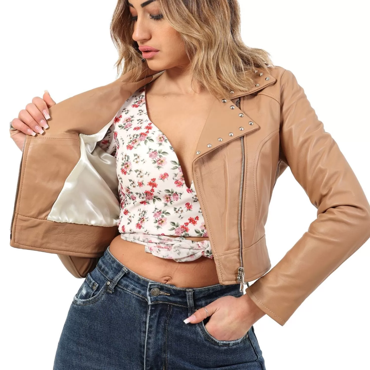 Imperatrice Calzature Capi Spalla In Pelle*Chiodo Corto In Pelle Di Vitello Con Borchie Nude