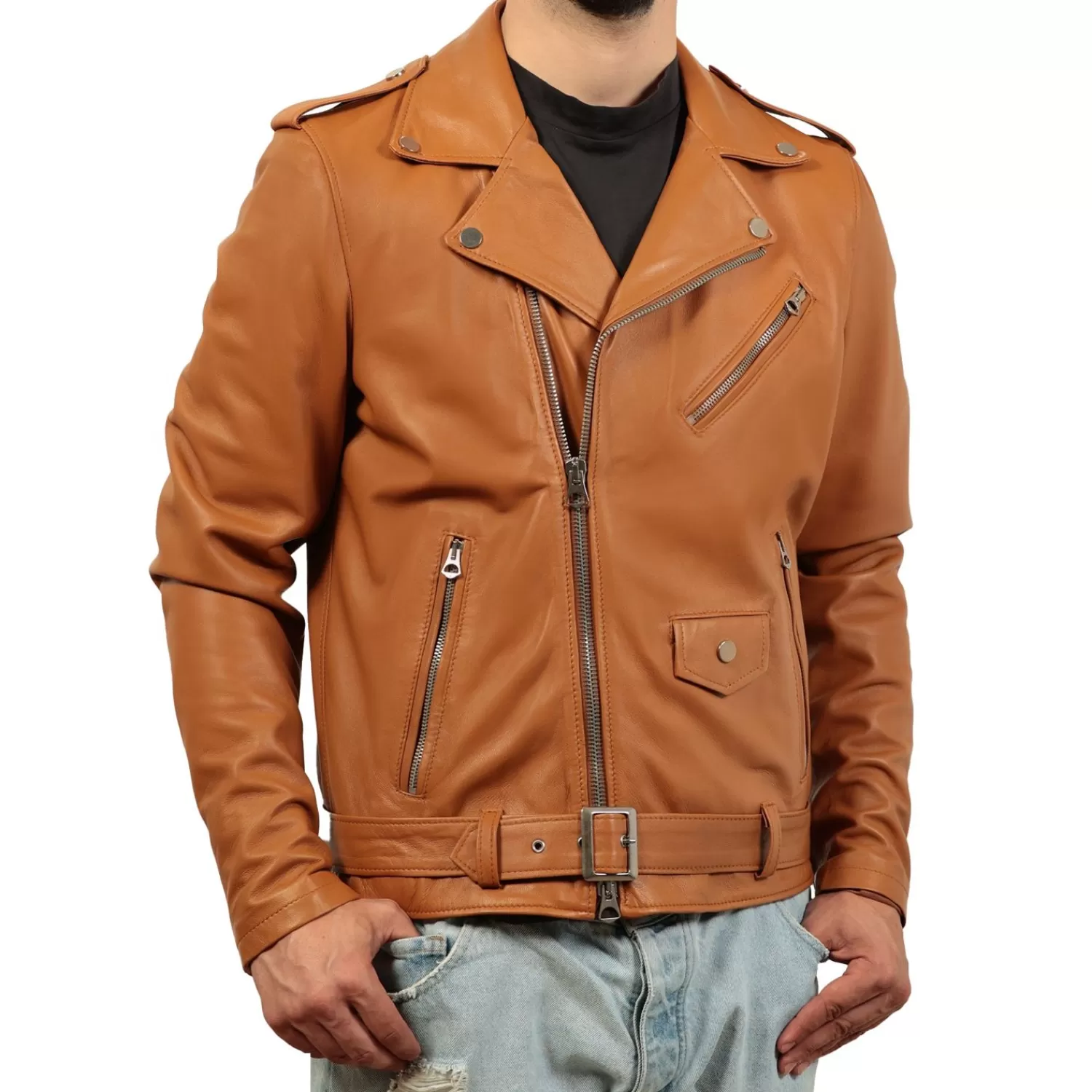 Imperatrice Calzature Capi Spalla In Pelle*Chiodo In Vera Pelle Di Vitello Color Cuoio