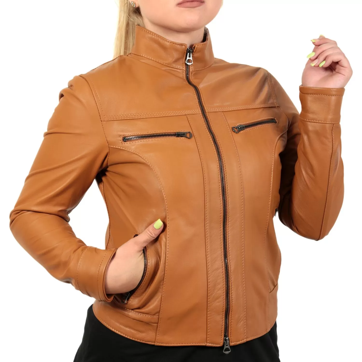 Imperatrice Calzature Capi Spalla In Pelle*Giubbino In Vera Pelle Di Vitello Color Cuoio