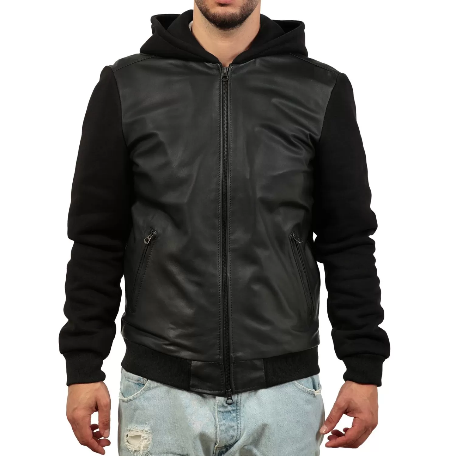Imperatrice Calzature Capi Spalla In Pelle*Giubbino In Vera Pelle Di Vitello Con Maniche E Cappuccio In Felpa