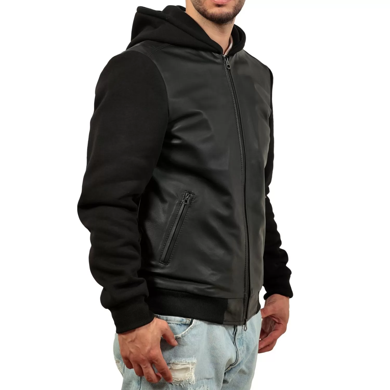 Imperatrice Calzature Capi Spalla In Pelle*Giubbino In Vera Pelle Di Vitello Con Maniche E Cappuccio In Felpa