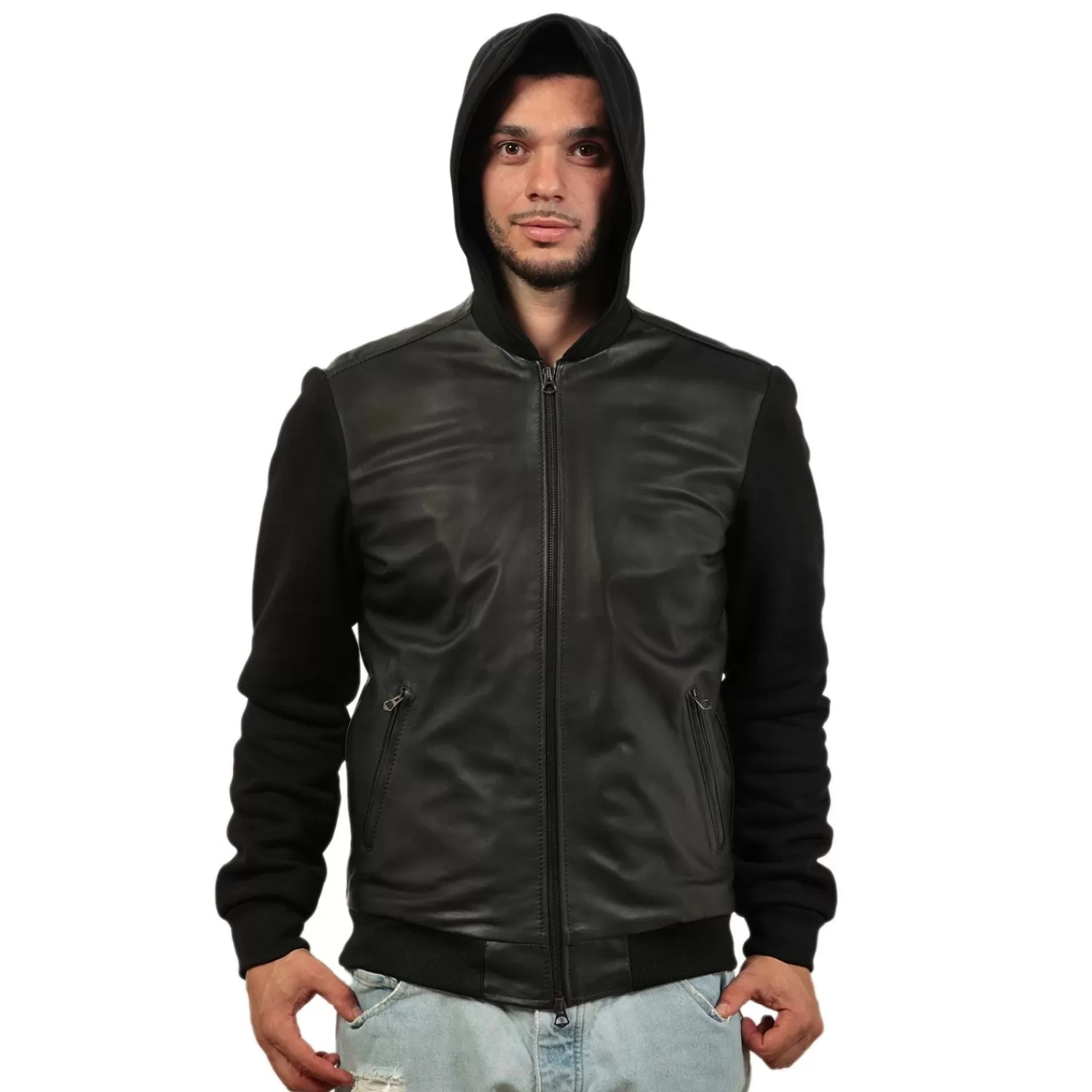Imperatrice Calzature Capi Spalla In Pelle*Giubbino In Vera Pelle Di Vitello Con Maniche E Cappuccio In Felpa