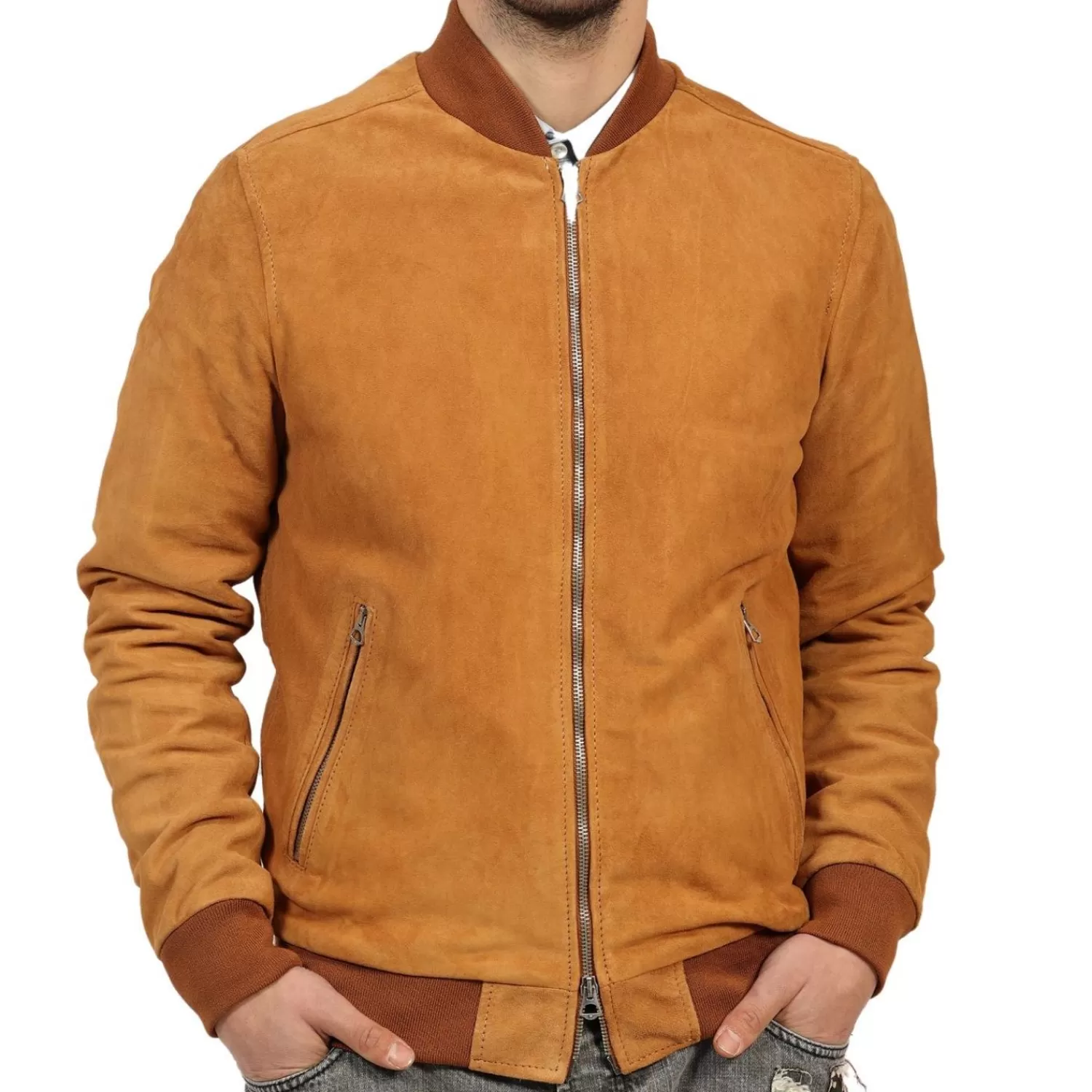 Imperatrice Calzature Capi Spalla In Pelle*Giubbino In Vera Pelle Di Vitello Scamosciata Color Cognac